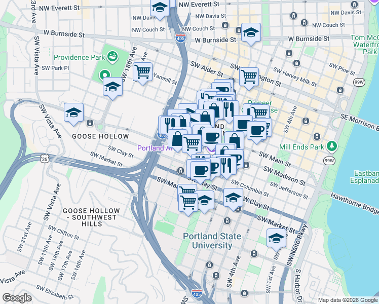 map of restaurants, bars, coffee shops, grocery stores, and more near 1298 SW 11th Ave in Portland