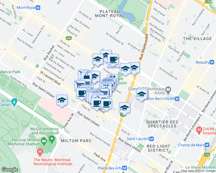 map of restaurants, bars, coffee shops, grocery stores, and more near 3634 Avenue Laval in Montréal