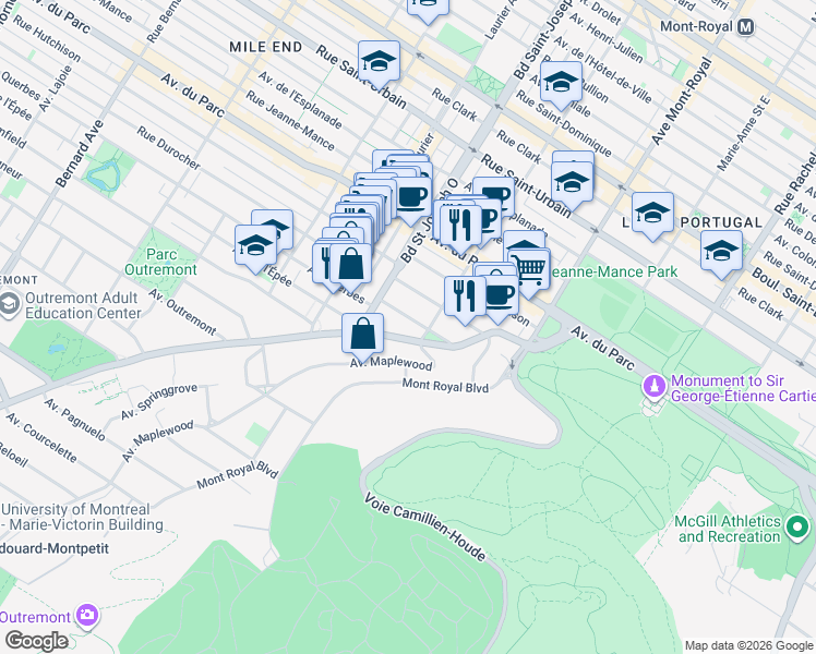 map of restaurants, bars, coffee shops, grocery stores, and more near 115 Chemin de la Côte-Sainte-Catherine in Montréal