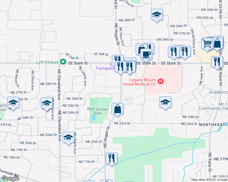 map of restaurants, bars, coffee shops, grocery stores, and more near 2698 Northeast Red Sunset Drive in Gresham
