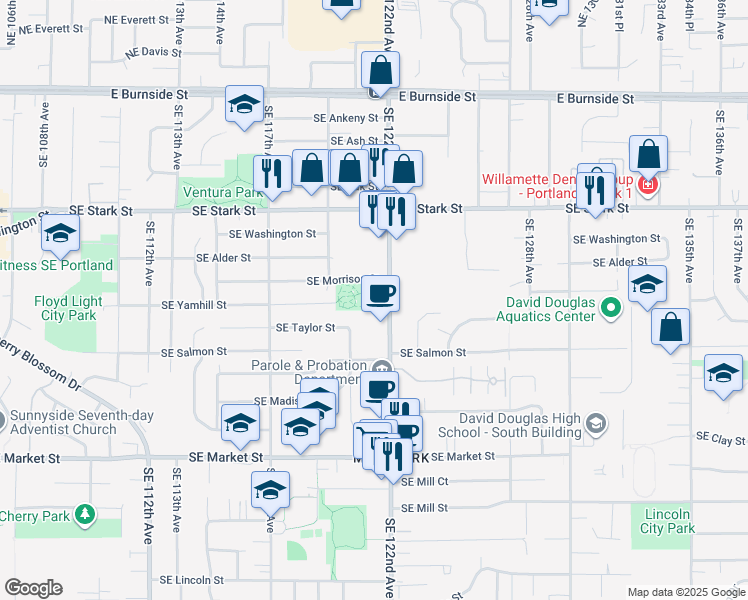 map of restaurants, bars, coffee shops, grocery stores, and more near 1021 Southeast 122nd Avenue in Portland