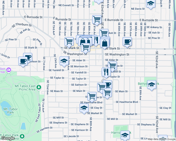 map of restaurants, bars, coffee shops, grocery stores, and more near 7940 Southeast Yamhill Street in Portland