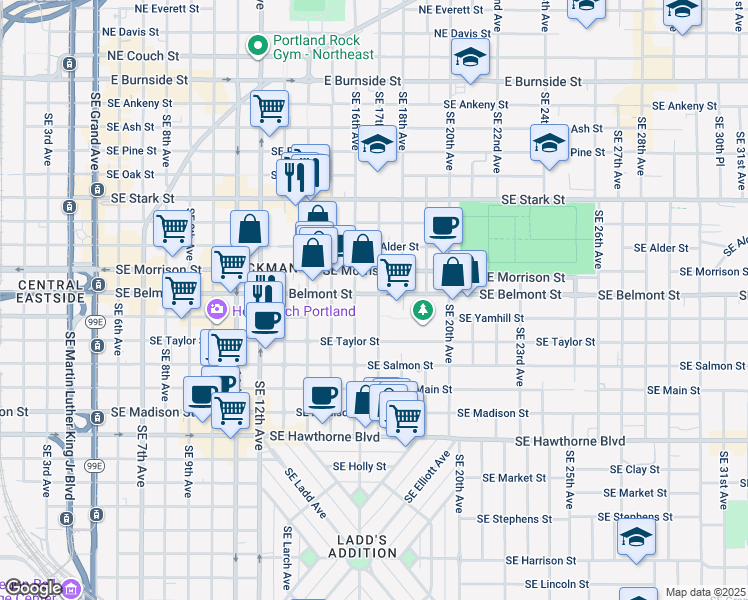 map of restaurants, bars, coffee shops, grocery stores, and more near 1611 Southeast Belmont Street in Portland