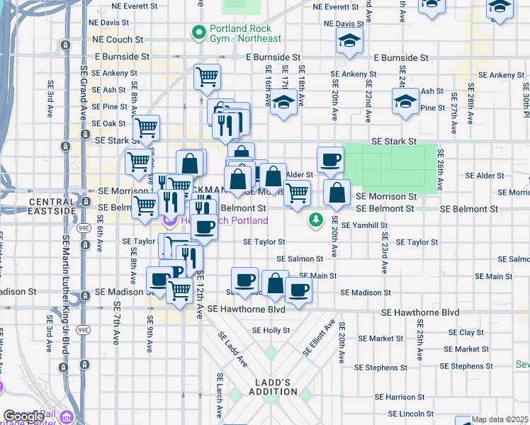 map of restaurants, bars, coffee shops, grocery stores, and more near 934 Southeast 15th Avenue in Portland
