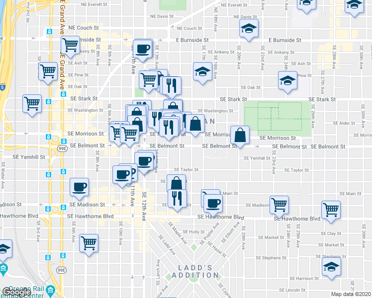 map of restaurants, bars, coffee shops, grocery stores, and more near 934 Southeast 15th Avenue in Portland
