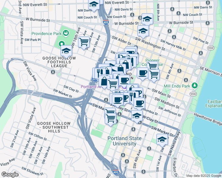 map of restaurants, bars, coffee shops, grocery stores, and more near in Portland
