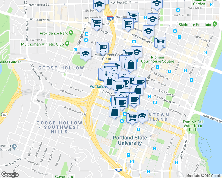 map of restaurants, bars, coffee shops, grocery stores, and more near 1129 Southwest Columbia Street in Portland