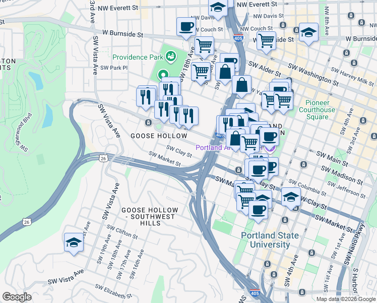 map of restaurants, bars, coffee shops, grocery stores, and more near 1541 Southwest Market Street in Portland