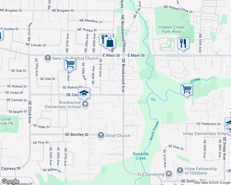 map of restaurants, bars, coffee shops, grocery stores, and more near 4264 Southeast Cedar Street in Hillsboro