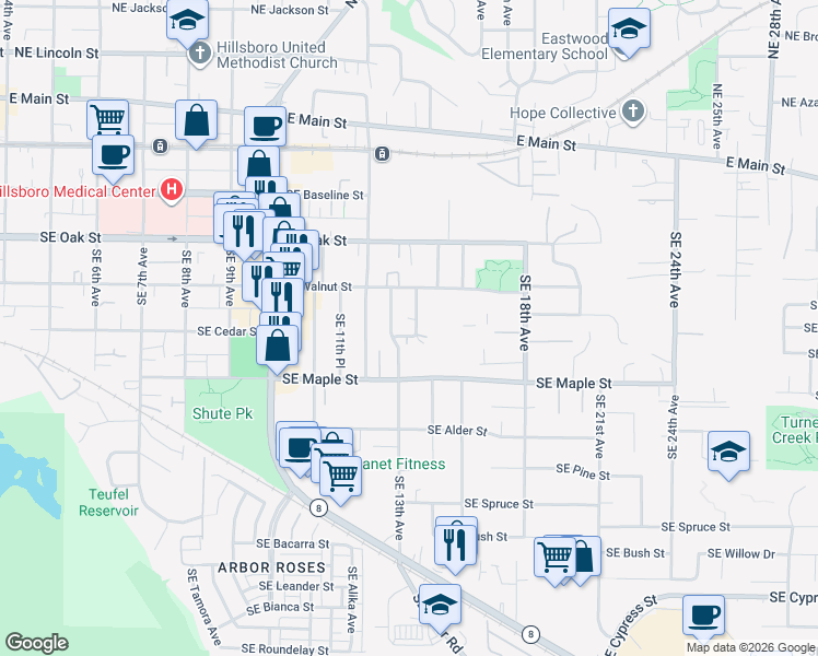 map of restaurants, bars, coffee shops, grocery stores, and more near 1338 Southeast Cedar Street in Hillsboro