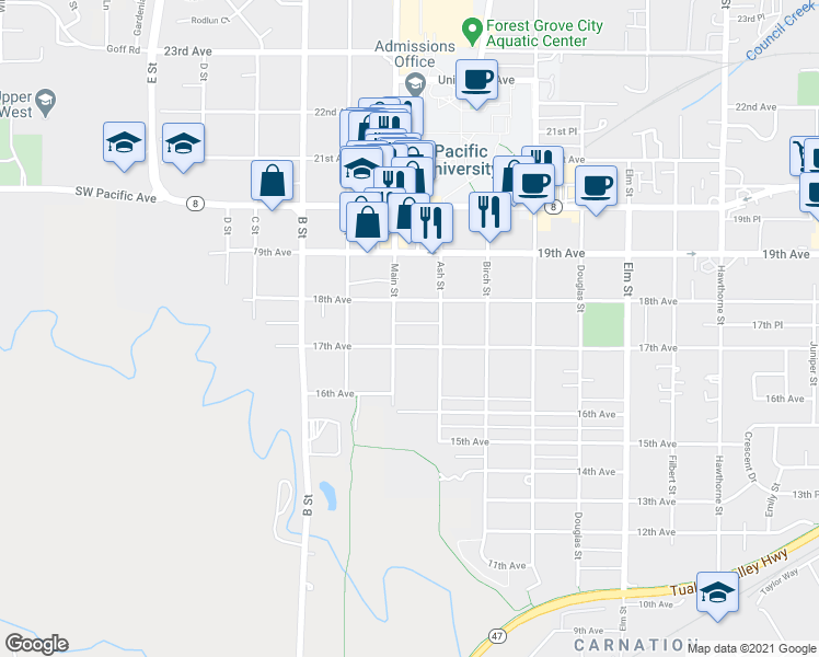 map of restaurants, bars, coffee shops, grocery stores, and more near 2027 17th Avenue in Forest Grove