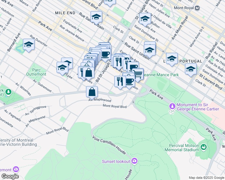 map of restaurants, bars, coffee shops, grocery stores, and more near 472 Avenue Villeneuve in Montréal