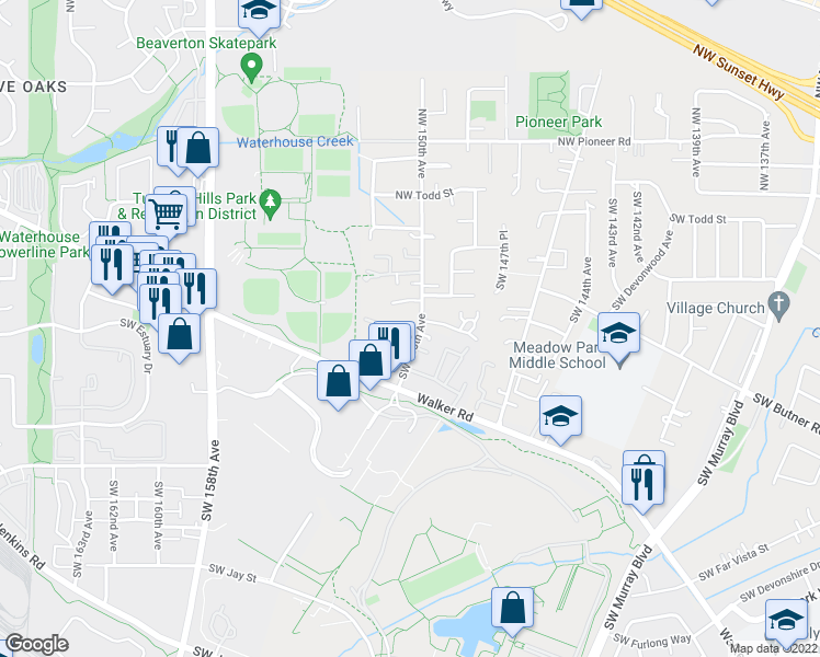 map of restaurants, bars, coffee shops, grocery stores, and more near 525 Southwest 150th Avenue in Beaverton