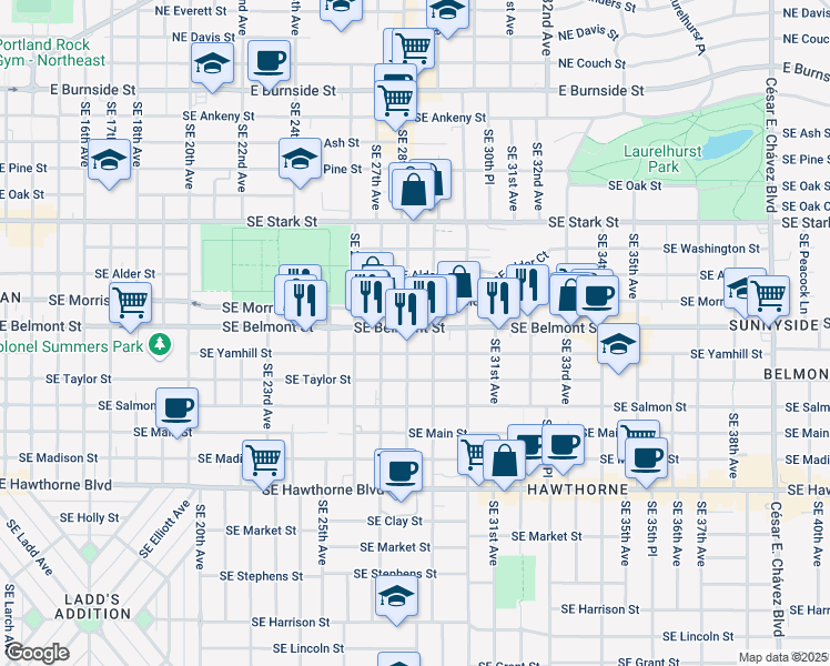 map of restaurants, bars, coffee shops, grocery stores, and more near 2812 Southeast Belmont Street in Portland