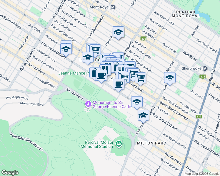 map of restaurants, bars, coffee shops, grocery stores, and more near 4154 Rue Saint-Urbain in Montréal
