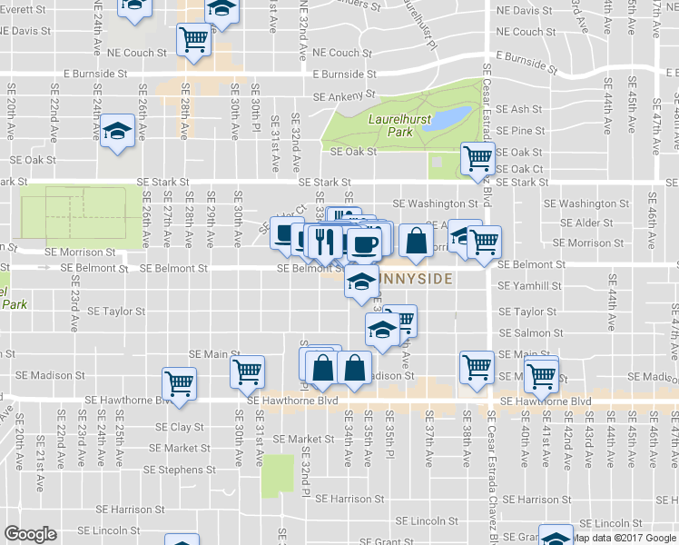 map of restaurants, bars, coffee shops, grocery stores, and more near 3342 Southeast Belmont Street in Portland