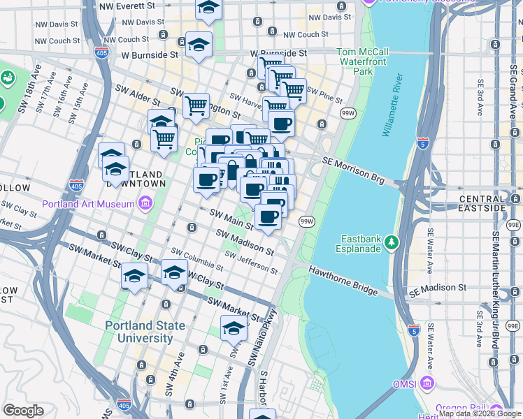 map of restaurants, bars, coffee shops, grocery stores, and more near 932 Southwest 3rd Avenue in Portland