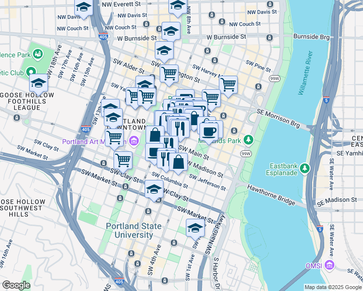 map of restaurants, bars, coffee shops, grocery stores, and more near 501 Southwest Main Street in Portland