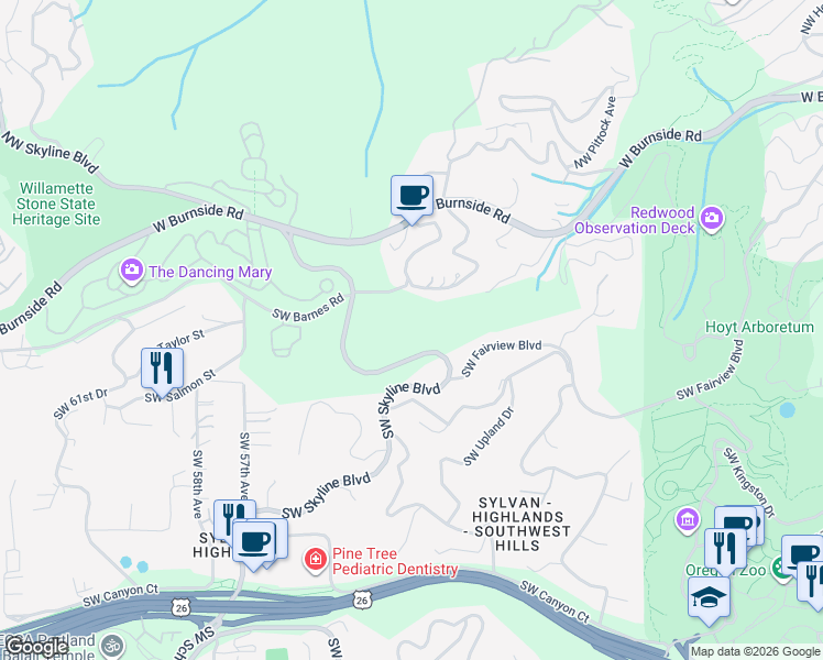map of restaurants, bars, coffee shops, grocery stores, and more near 1060 Southwest Skyline Boulevard in Portland