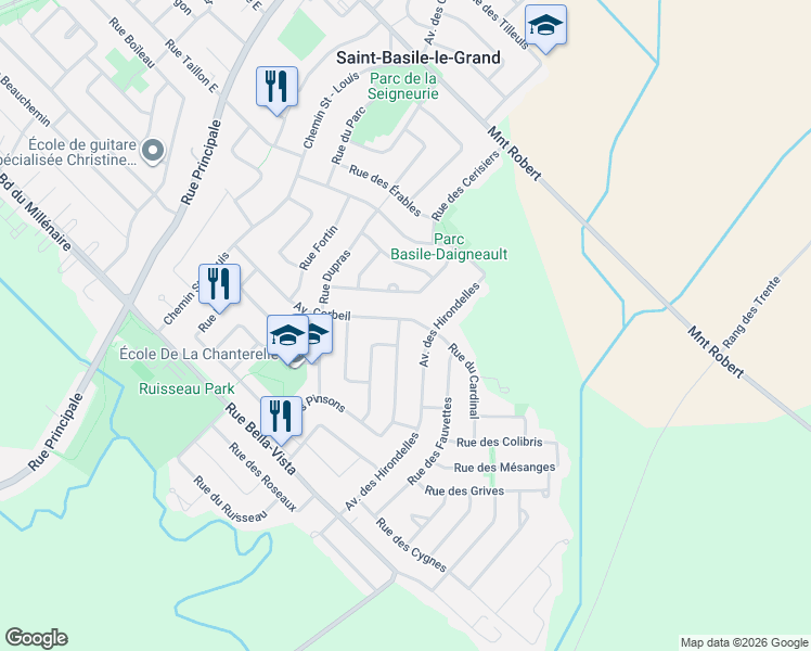 map of restaurants, bars, coffee shops, grocery stores, and more near 2 Rue des Pinsons in Saint-Basile-le-Grand