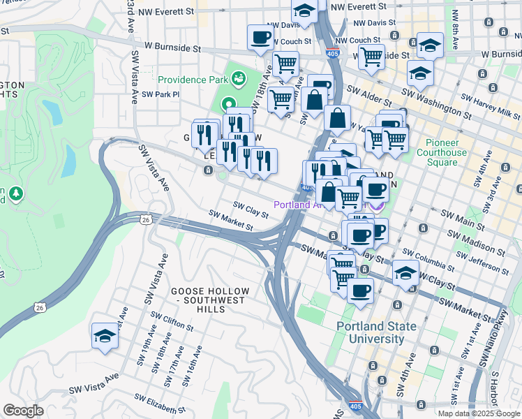 map of restaurants, bars, coffee shops, grocery stores, and more near 1535 Southwest Clay Street in Portland