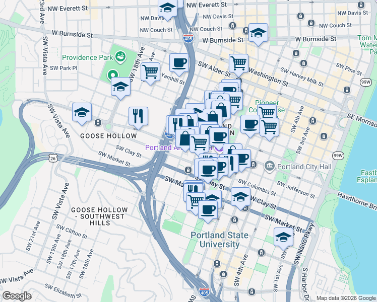 map of restaurants, bars, coffee shops, grocery stores, and more near 1134 Southwest Jefferson Street in Portland