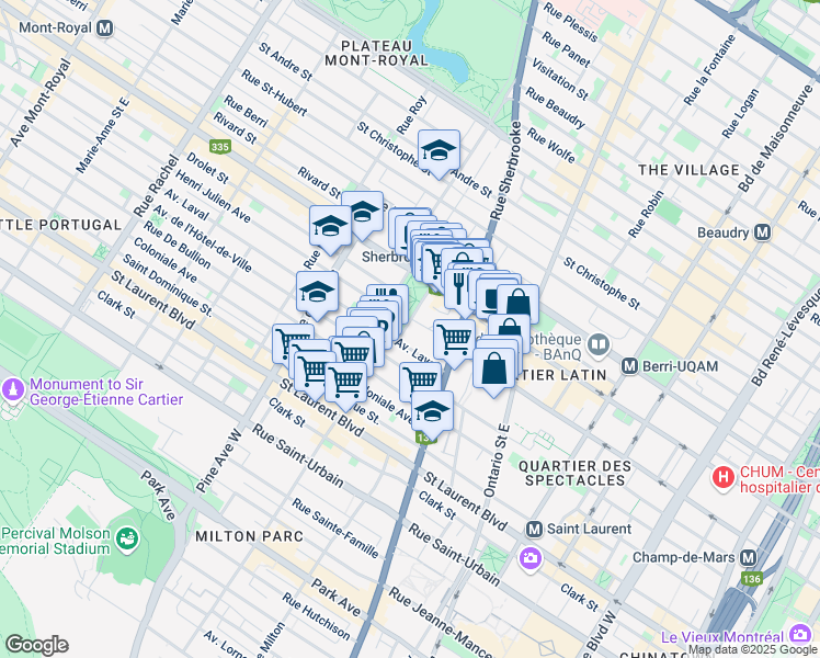 map of restaurants, bars, coffee shops, grocery stores, and more near 280 Rue du Square Saint Louis in Montréal