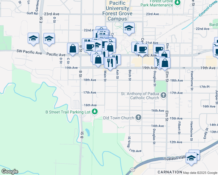 map of restaurants, bars, coffee shops, grocery stores, and more near 1719 Main Street in Forest Grove
