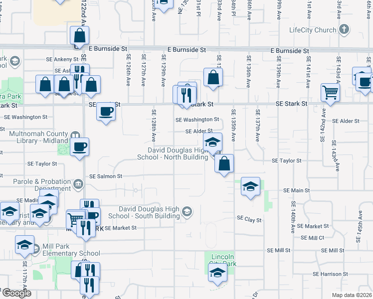 map of restaurants, bars, coffee shops, grocery stores, and more near 13050 Southeast Morrison Street in Portland