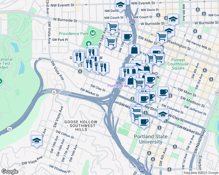 map of restaurants, bars, coffee shops, grocery stores, and more near 1425 Southwest Clay Street in Portland