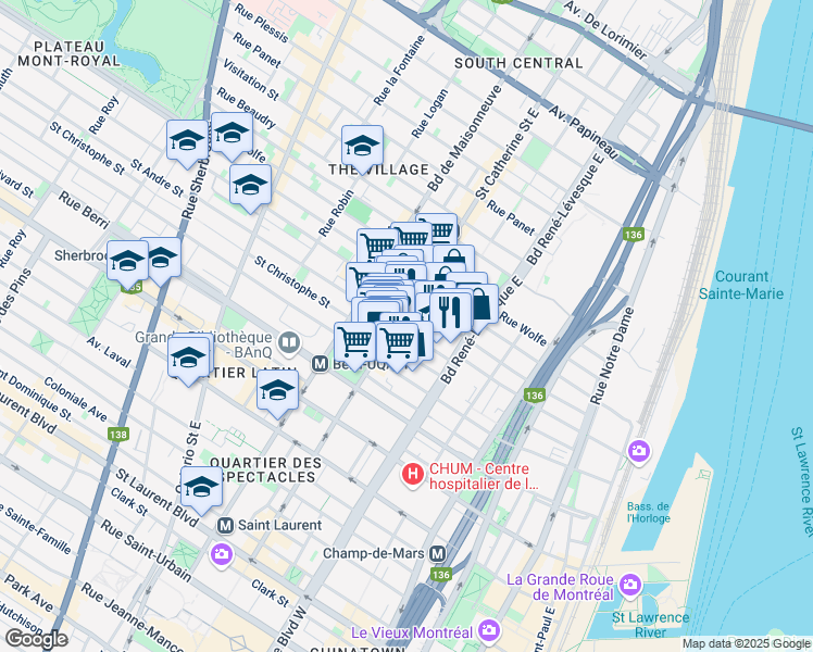 map of restaurants, bars, coffee shops, grocery stores, and more near 900 Rue Sainte-Catherine Est in Montréal