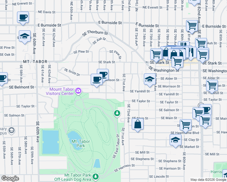 map of restaurants, bars, coffee shops, grocery stores, and more near 6939 Southeast Yamhill Street in Portland