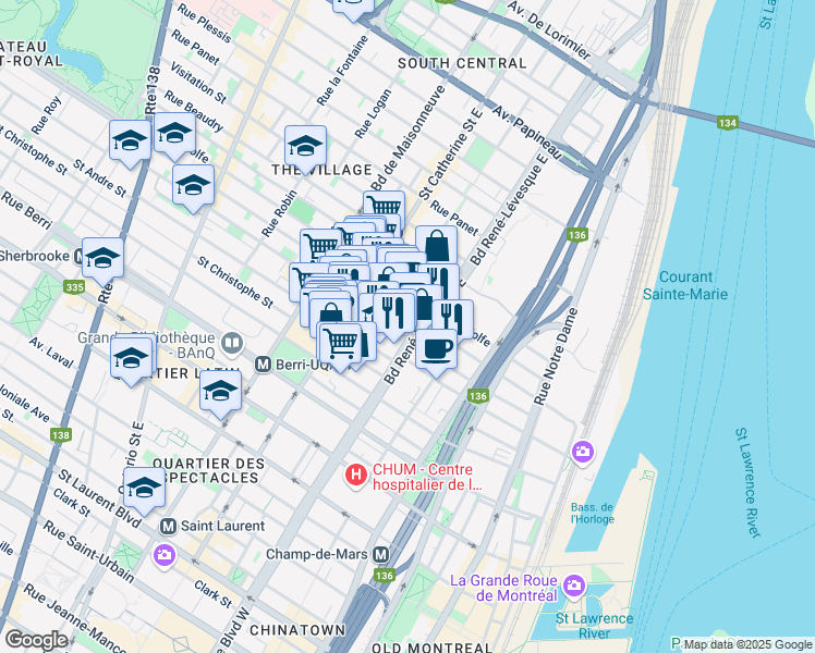map of restaurants, bars, coffee shops, grocery stores, and more near 933 Boulevard René-Lévesque Est in Montréal