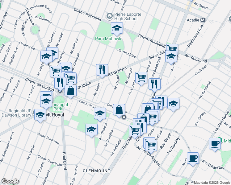 map of restaurants, bars, coffee shops, grocery stores, and more near 62 Avenue Henley in Montréal