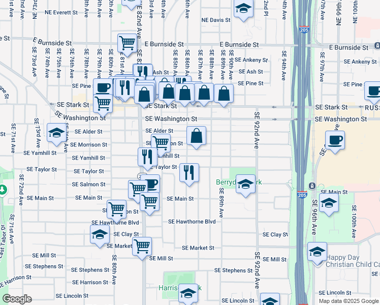 map of restaurants, bars, coffee shops, grocery stores, and more near 8524 Southeast Yamhill Street in Portland