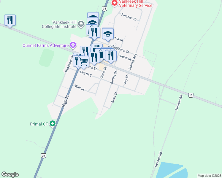 map of restaurants, bars, coffee shops, grocery stores, and more near 47 Bertha Street in Champlain