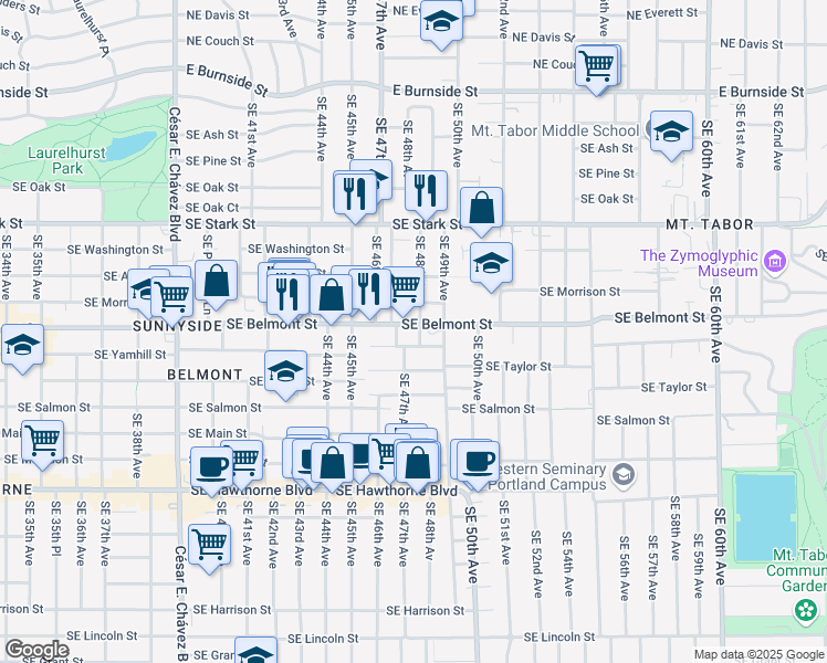 map of restaurants, bars, coffee shops, grocery stores, and more near 931 Southeast 47th Avenue in Portland