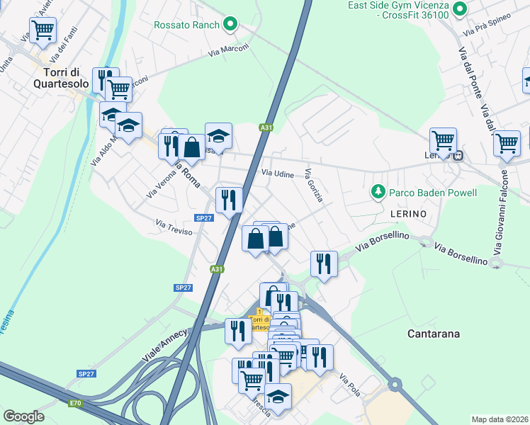 map of restaurants, bars, coffee shops, grocery stores, and more near 13 Via Bologna in Torri di Quartesolo