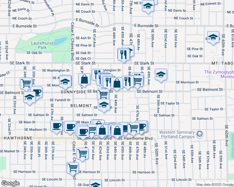 map of restaurants, bars, coffee shops, grocery stores, and more near 4263 Southeast Belmont Street in Portland