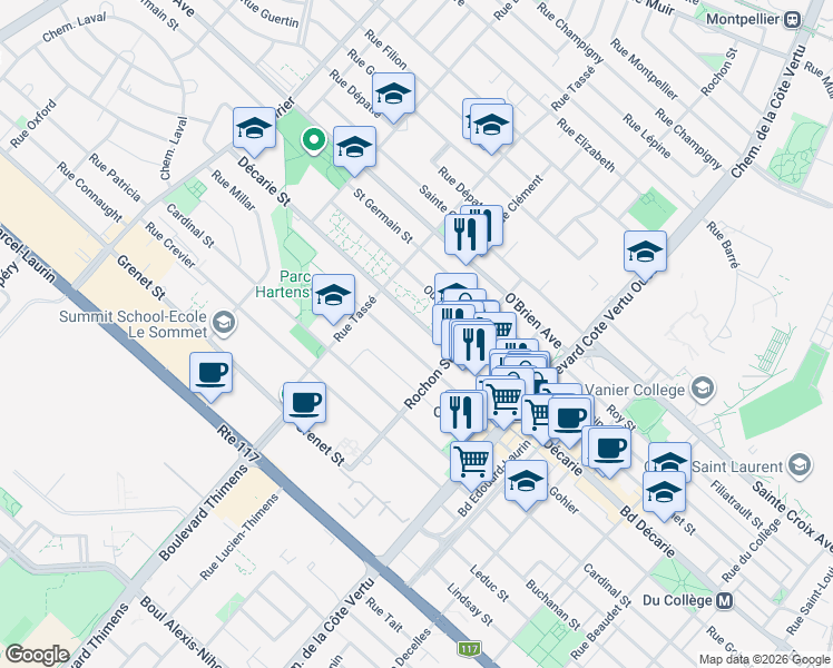 map of restaurants, bars, coffee shops, grocery stores, and more near 1280 Rue Décarie in Montréal