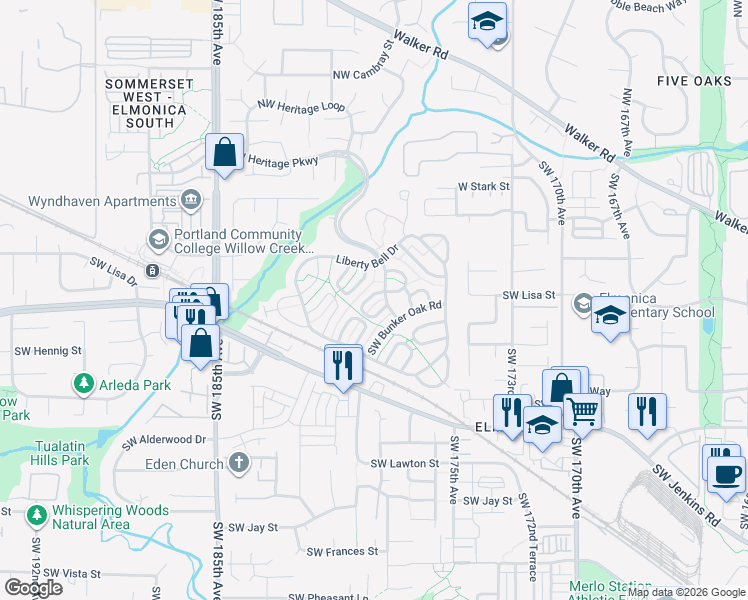 map of restaurants, bars, coffee shops, grocery stores, and more near 470 Southwest Boston Way in Beaverton