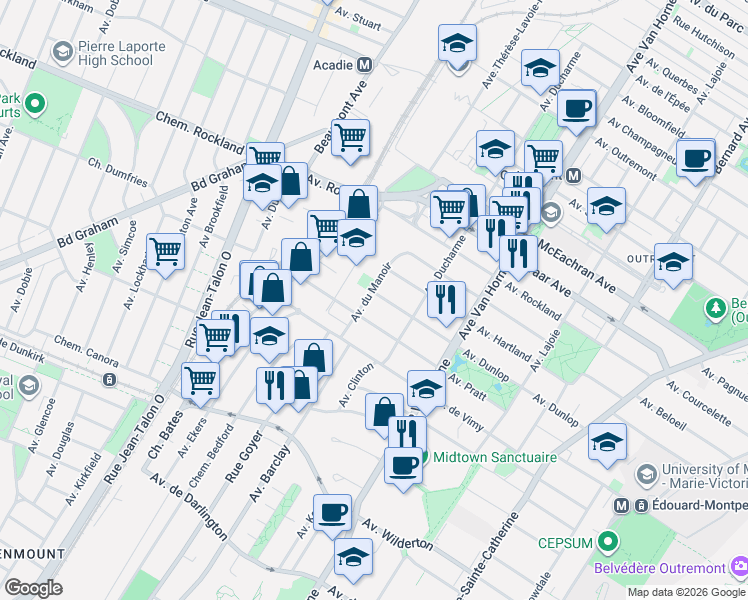 map of restaurants, bars, coffee shops, grocery stores, and more near 956 Avenue Dunlop in Montréal