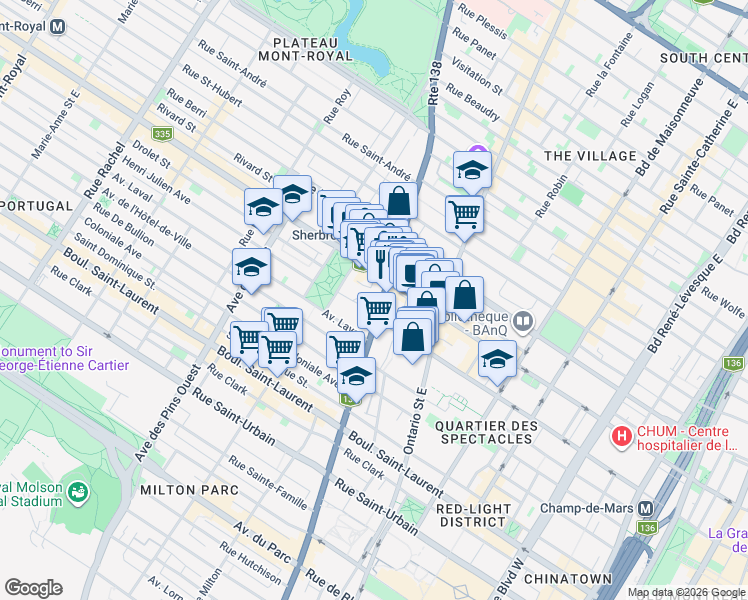map of restaurants, bars, coffee shops, grocery stores, and more near 333 Rue Sherbrooke Est in Montréal