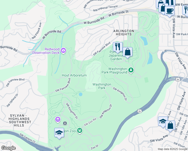 map of restaurants, bars, coffee shops, grocery stores, and more near Southwest Evergreen Terrace in Portland