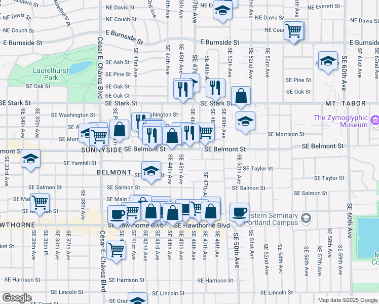 map of restaurants, bars, coffee shops, grocery stores, and more near 944 Southeast 45th Avenue in Portland