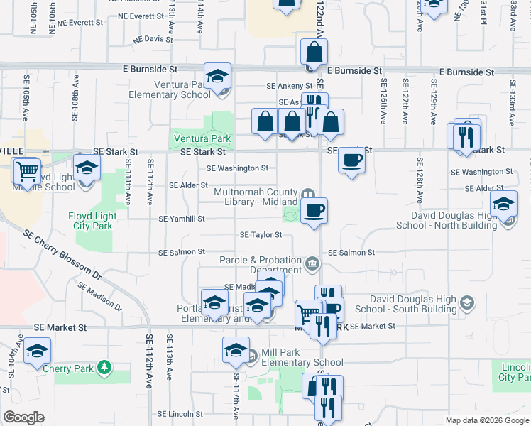map of restaurants, bars, coffee shops, grocery stores, and more near 11821 Southeast Yamhill Street in Portland