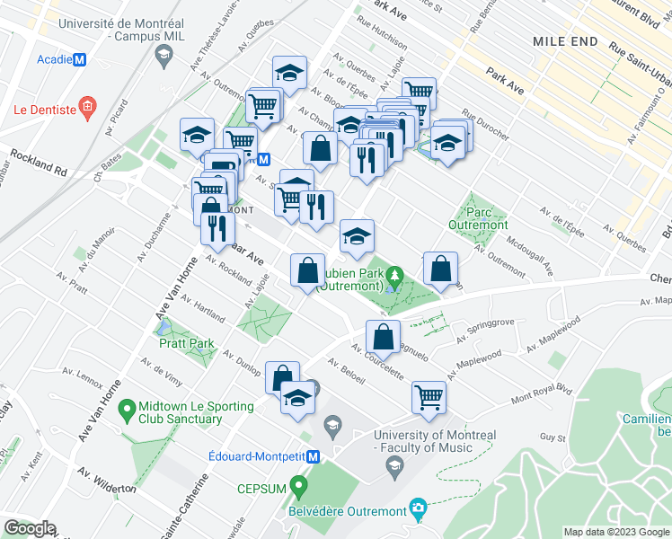 map of restaurants, bars, coffee shops, grocery stores, and more near 1540 Bernard Avenue in Montrã©Al
