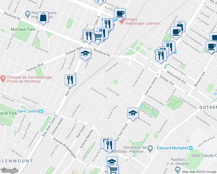 map of restaurants, bars, coffee shops, grocery stores, and more near 1037 Avenue Pratt in Montréal