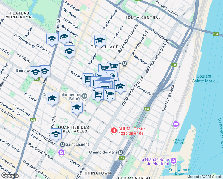 map of restaurants, bars, coffee shops, grocery stores, and more near 1325 Rue Saint-André in Montréal