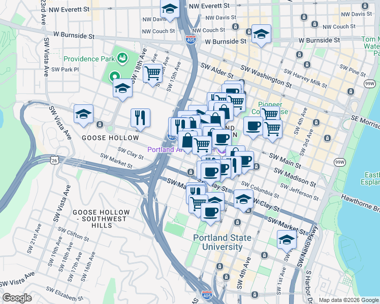 map of restaurants, bars, coffee shops, grocery stores, and more near 1129 Southwest Columbia Street in Portland